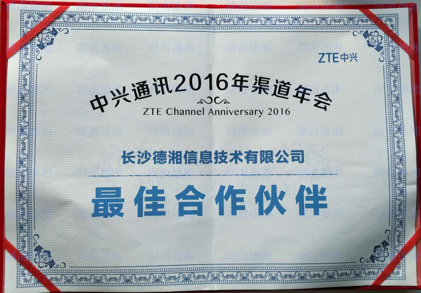 中兴视讯2016年度最佳合作伙伴奖